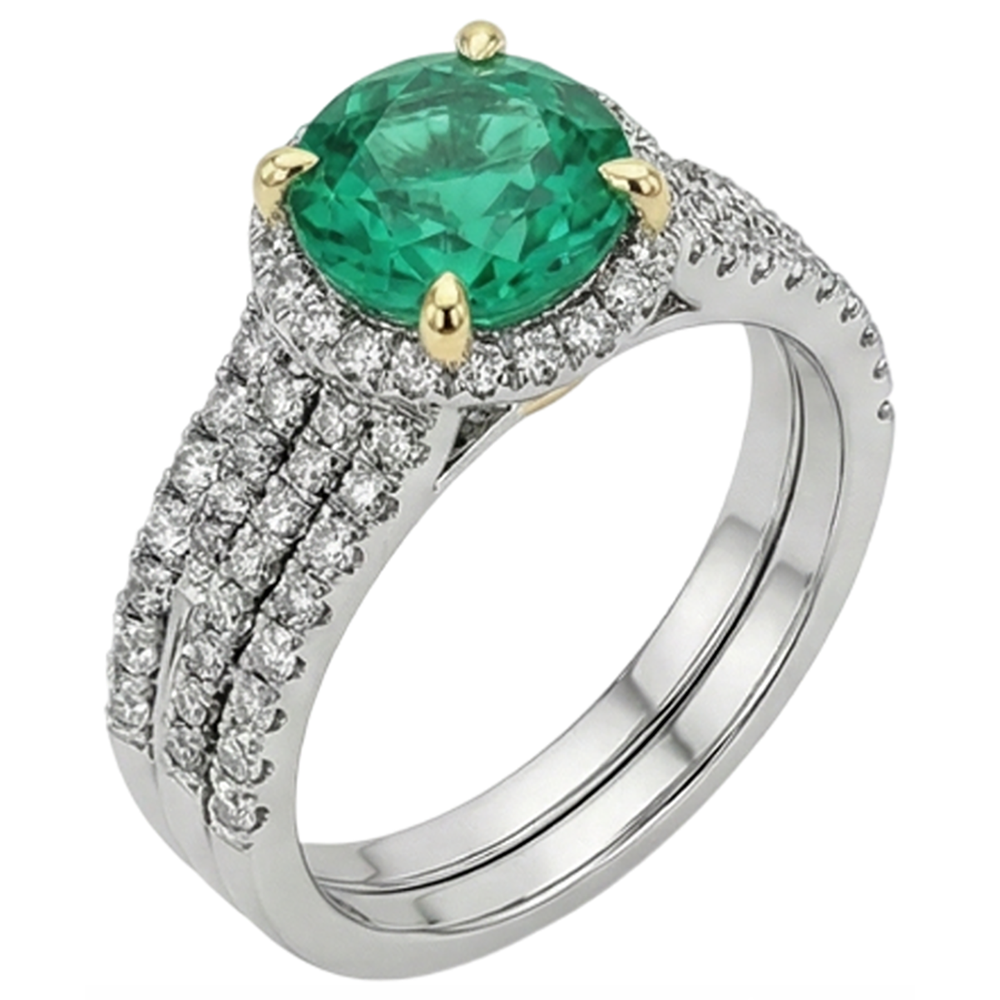 Rund-Brillant Smaragd Ring in Bicolor 14K Gold – Frontansicht