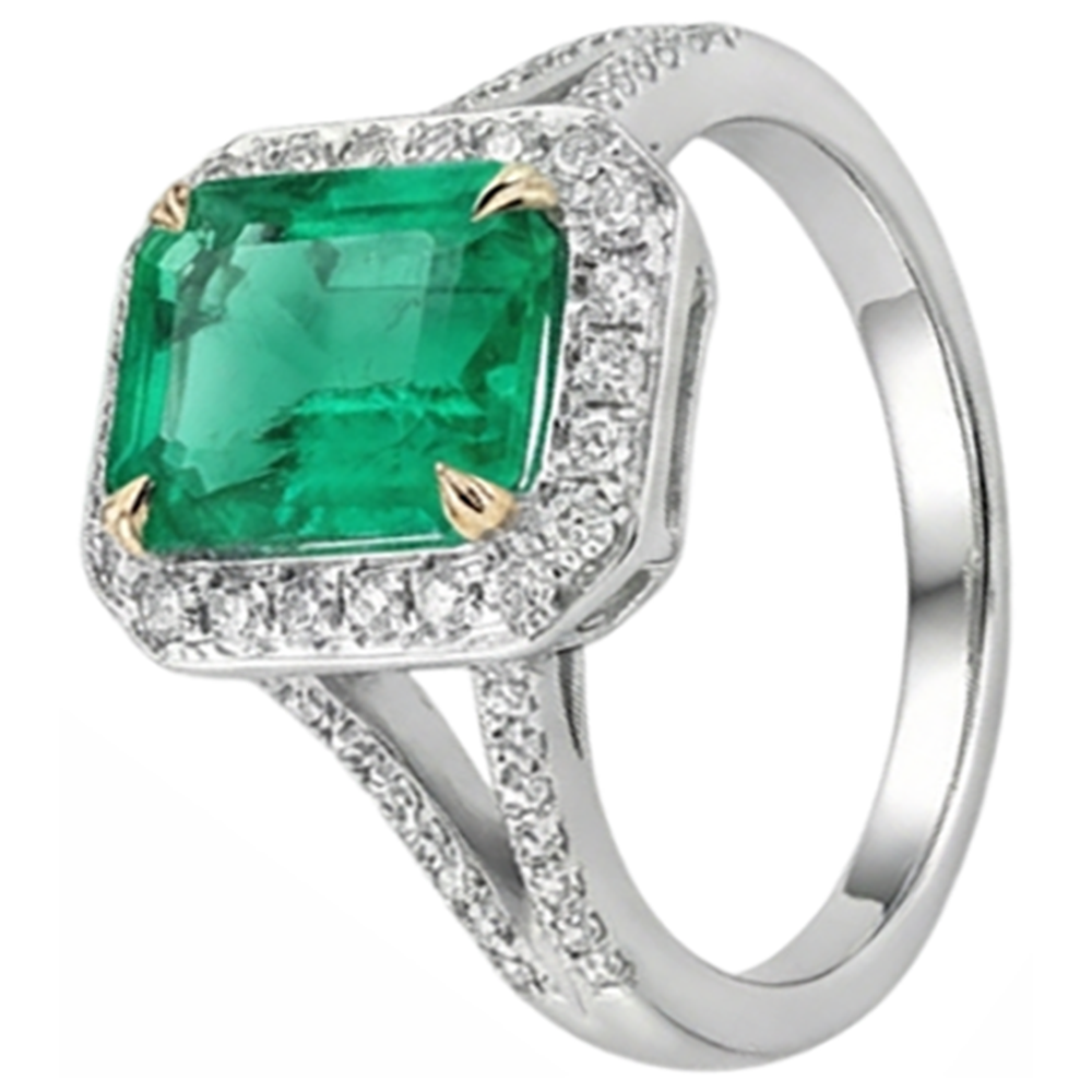 Edler Smaragd Treppen-Schliff Edelstein-Ring in Bicolor 14K Gold – Schrägansicht