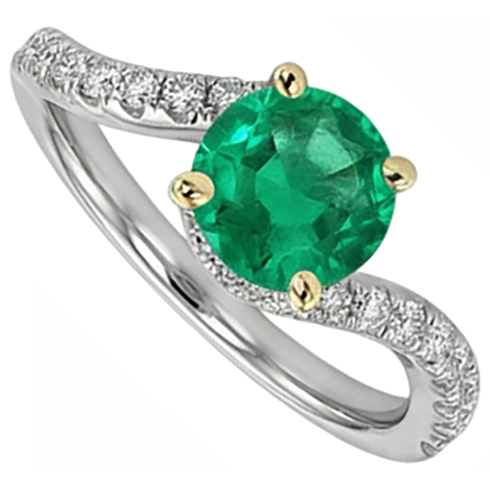 Rund-Brillant Smaragd Ring in 14 Karat Zweifarbig Gold – Schrägansicht