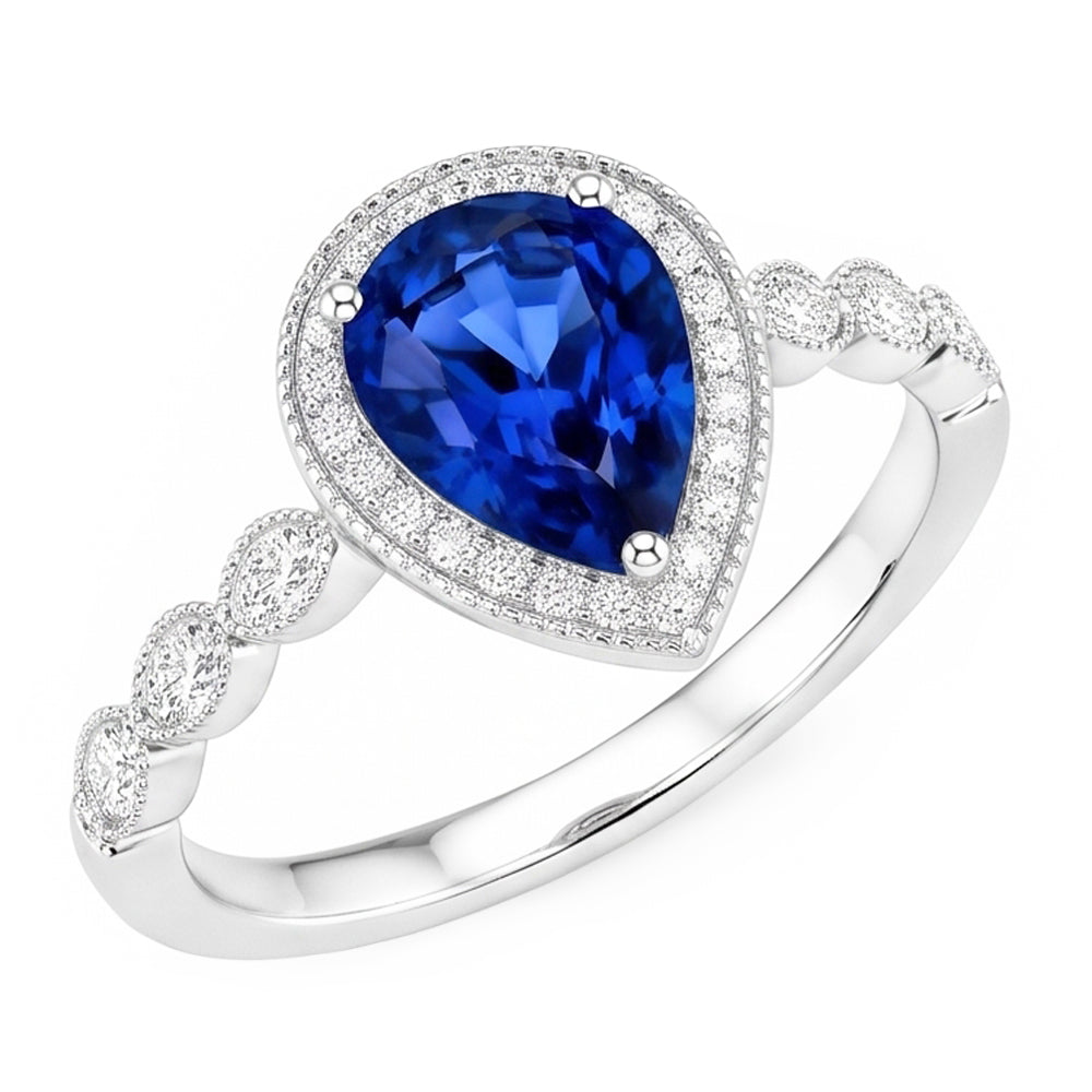 Farbstein-Ring 14 Karat Weißgold – Blauer Saphir Birnen-Schliff