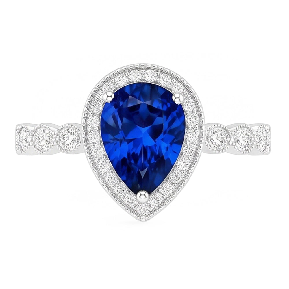 Farbstein-Ring 14 Karat Weißgold – Blauer Saphir Birnen-Schliff