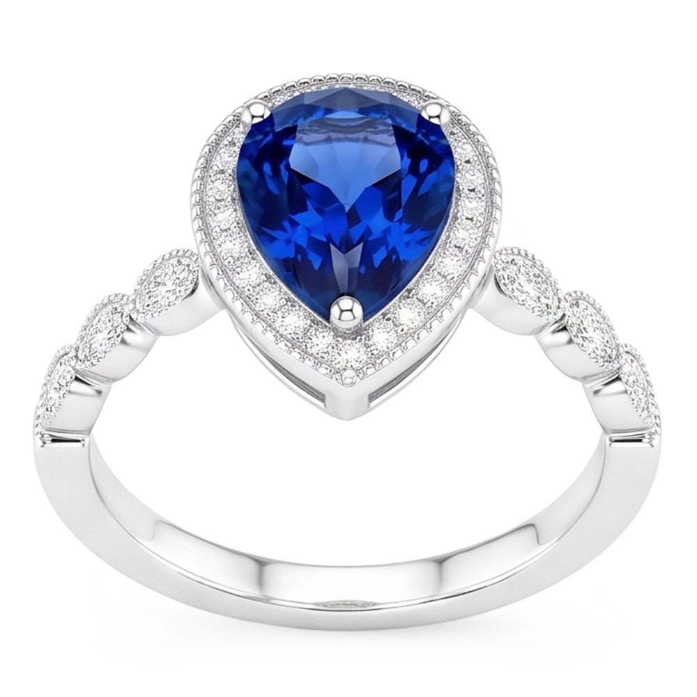 Farbstein-Ring 14 Karat Weißgold – Blauer Saphir Birnen-Schliff