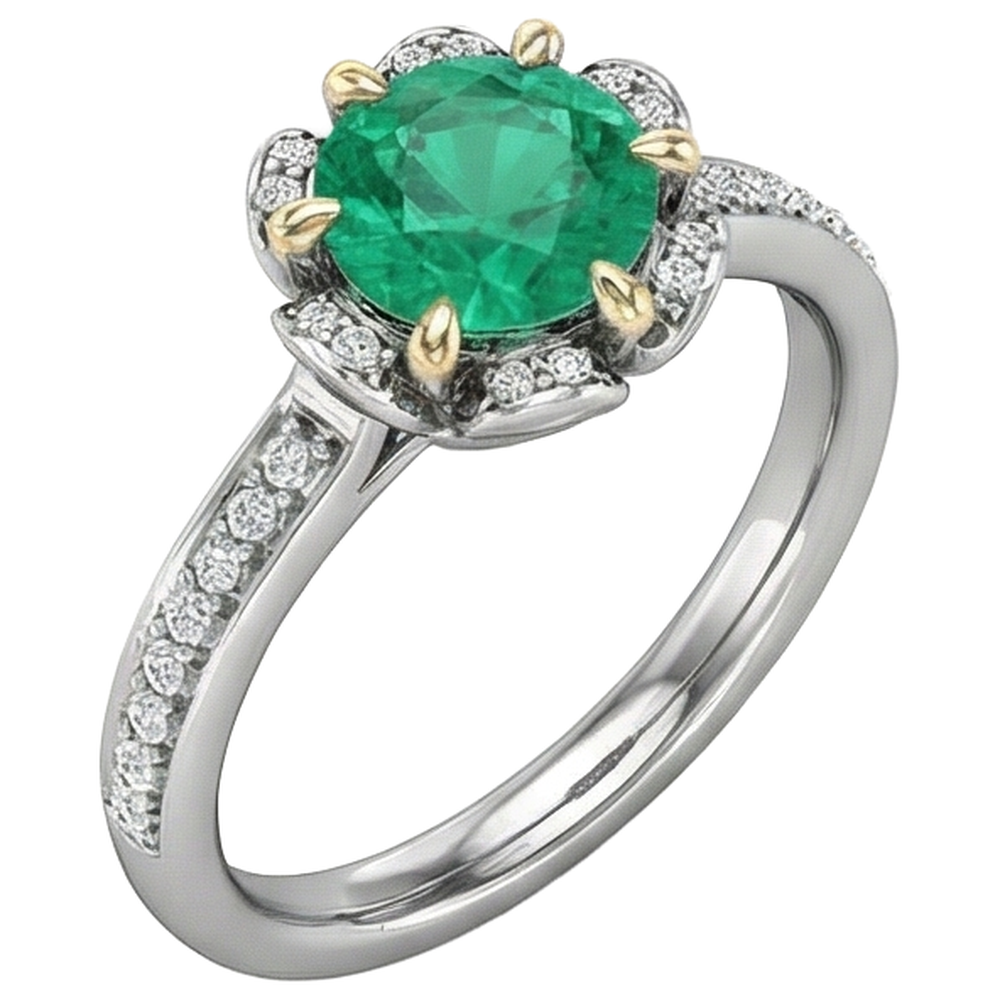 Rund-Brillant Edler Smaragd Ring in 14 Karat Zweifarbig Gold – Seitenansicht