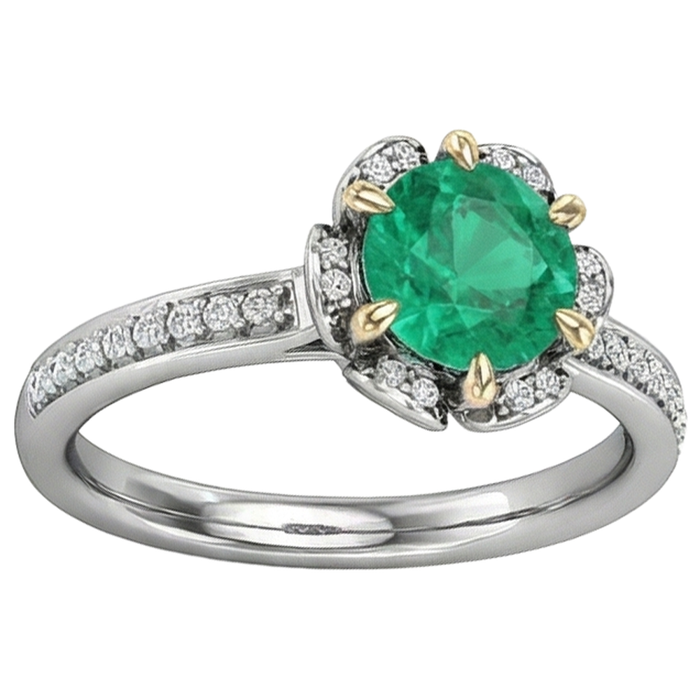 Rund-Brillant Edler Smaragd Ring in 14 Karat Zweifarbig Gold – Schrägansicht