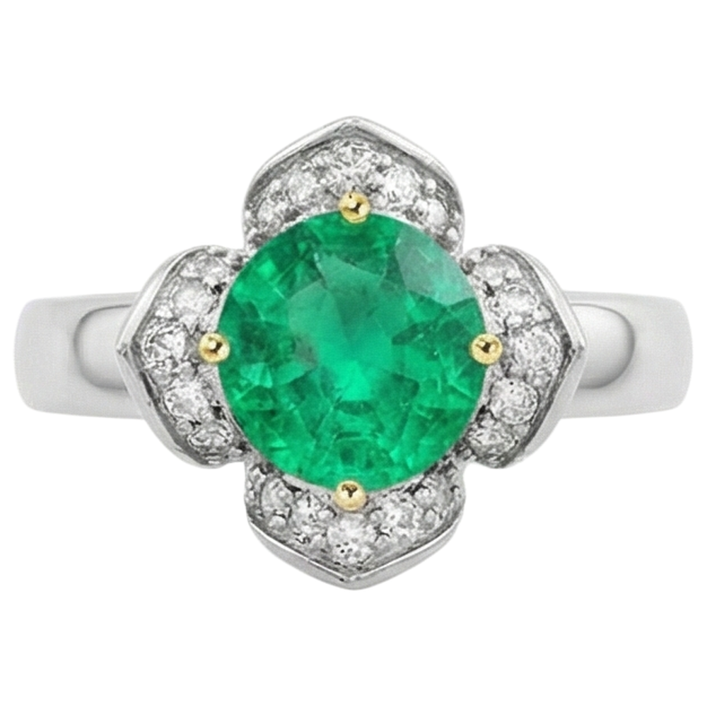 Edler Smaragd Brillantschliff Farbstein-Ring in Bicolor 14K Gold – Schrägansicht