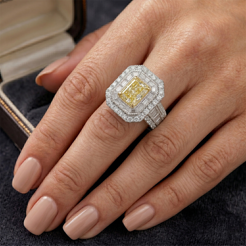 Gelber Kanarienvogel-Diamant Halo-Ring – Pavé 2 Karat 14 Karat