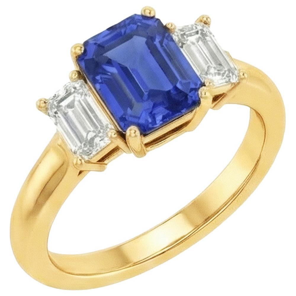 Gelbgold 3 Steine Blauer Saphir & Diamant Ring 9 Karat