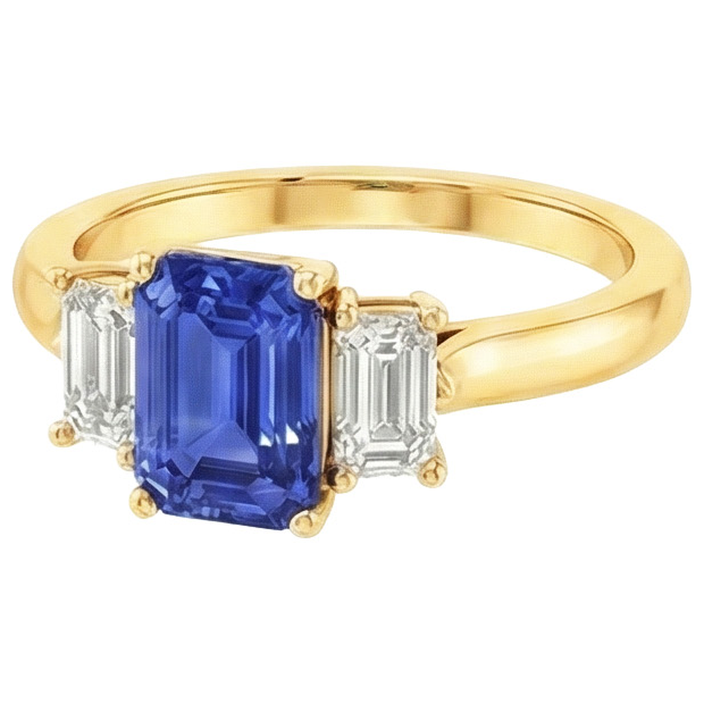 Gelbgold 3 Steine Blauer Saphir & Diamant Ring 9 Karat