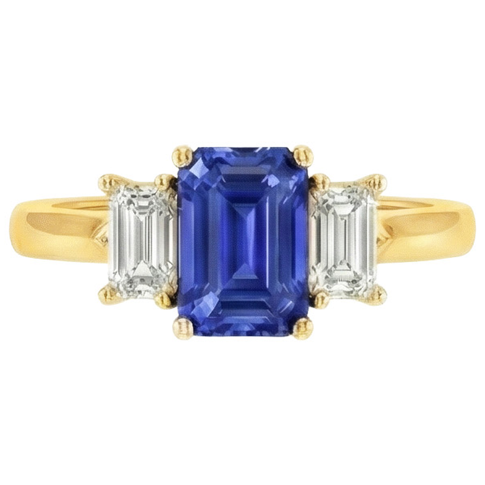 Gelbgold 3 Steine Blauer Saphir & Diamant Ring 9 Karat