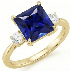 Gelbgold 3 Steine Ring Prinzessin Blauer Saphir & Diamanten 5,25 Karat