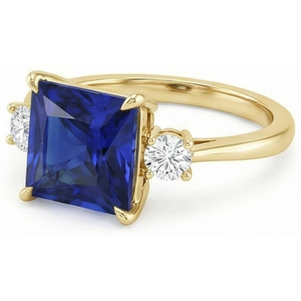 Gelbgold 3 Steine Ring Prinzessin Blauer Saphir & Diamanten 5,25 Karat