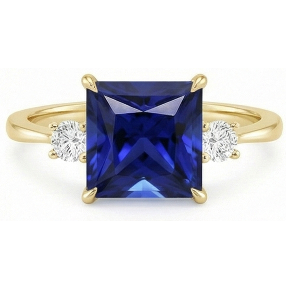 Gelbgold 3 Steine Ring Prinzessin Blauer Saphir & Diamanten 5,25 Karat