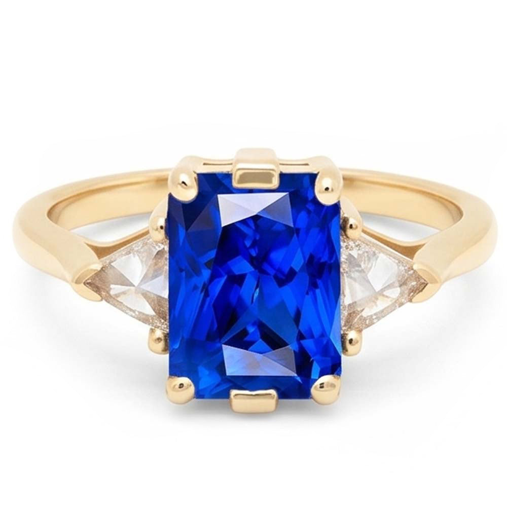 Gelbgold 3 Steine Ring Strahlender Saphir 3 Karat Billionen Natürlicher Diamant ( nicht im Labor gezüchtet )en