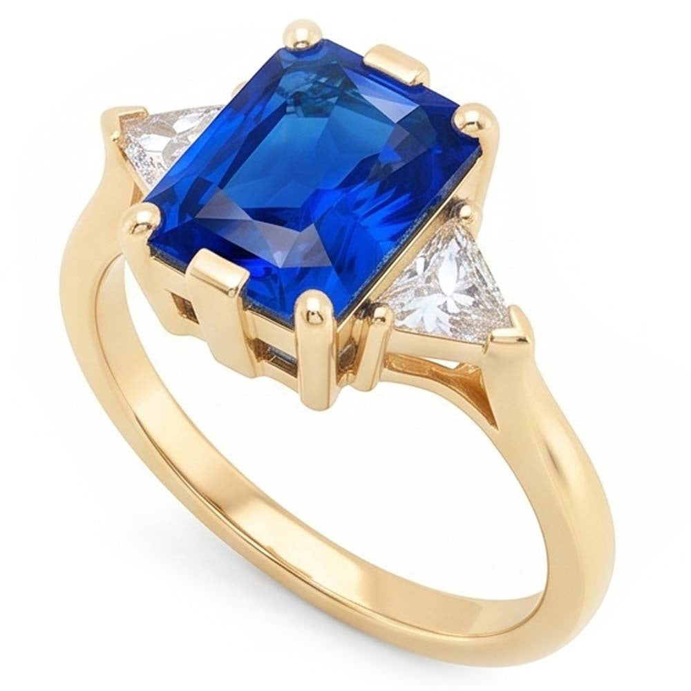 Gelbgold 3 Steine Ring Strahlender Saphir 3 Karat Billionen Natürlicher Diamant ( nicht im Labor gezüchtet )en