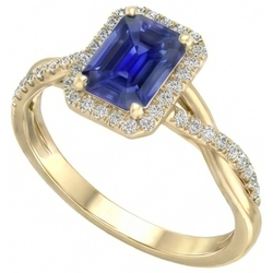 Gelbgold Halo Ring Smaragdförmiger Sri Lanka Saphir 3 Karat