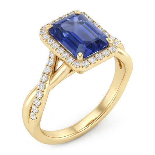 Gelbgold Halo Ring Smaragdförmiger Sri Lanka Saphir 3 Karat