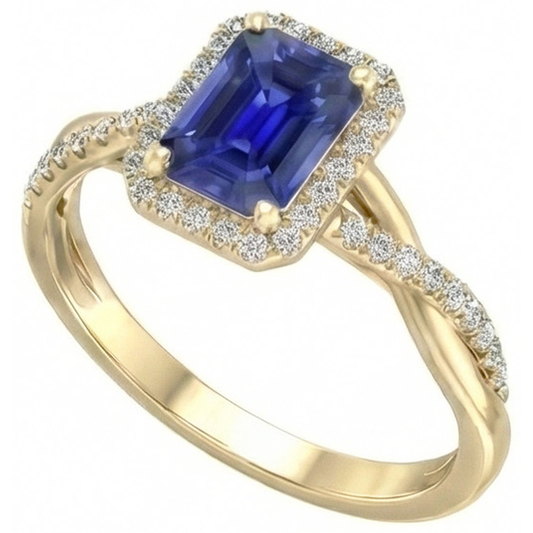 Gelbgold Halo Ring Smaragdförmiger Sri Lanka Saphir 3 Karat
