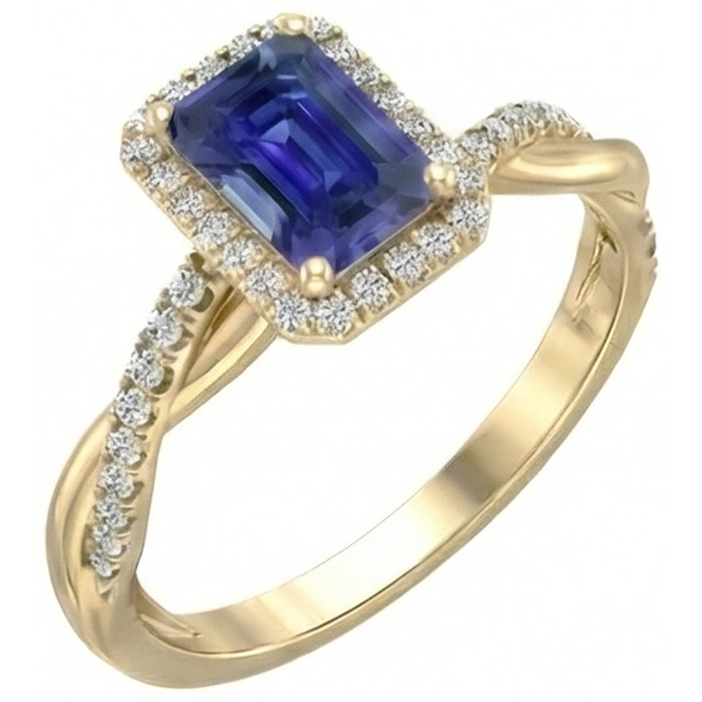 Gelbgold Halo Ring Smaragdförmiger Sri Lanka Saphir 3 Karat