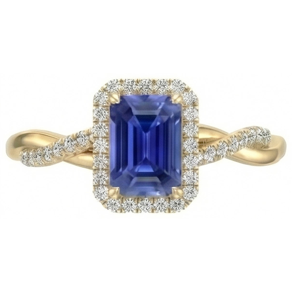 Gelbgold Halo Ring Smaragdförmiger Sri Lanka Saphir 3 Karat