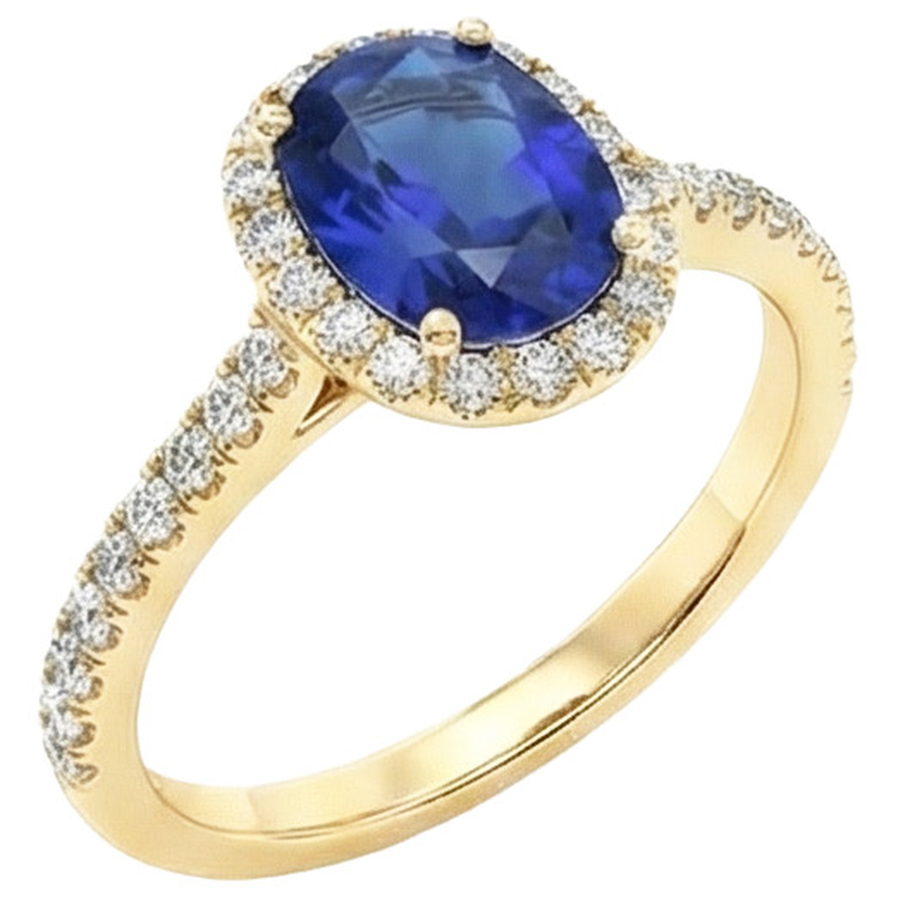 Gelbgold Ovaler Saphir Halo Diamantring 11,25 Karat 14K