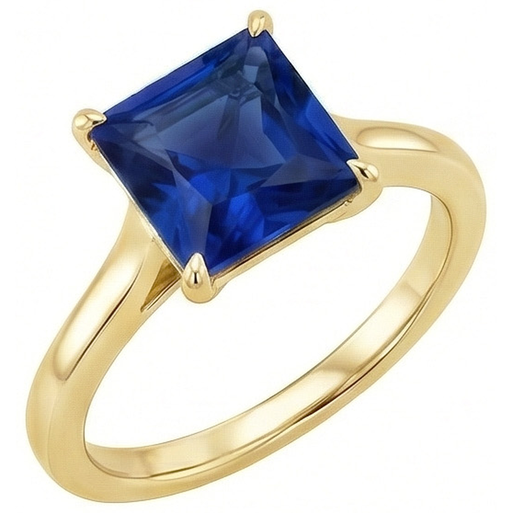 Gelbgold Solitärring Prinzessin Blauer Saphir Edelstein 5 Karat