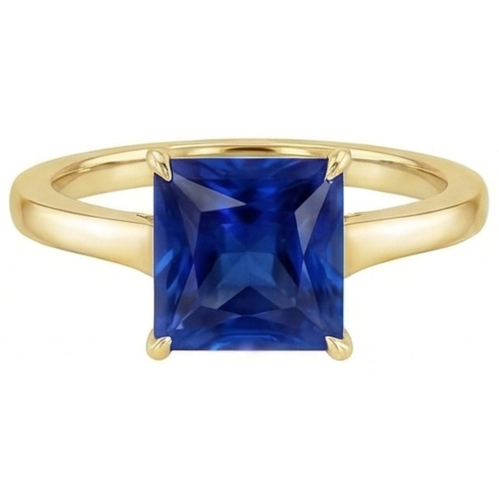 Gelbgold Solitärring Prinzessin Blauer Saphir Edelstein 5 Karat