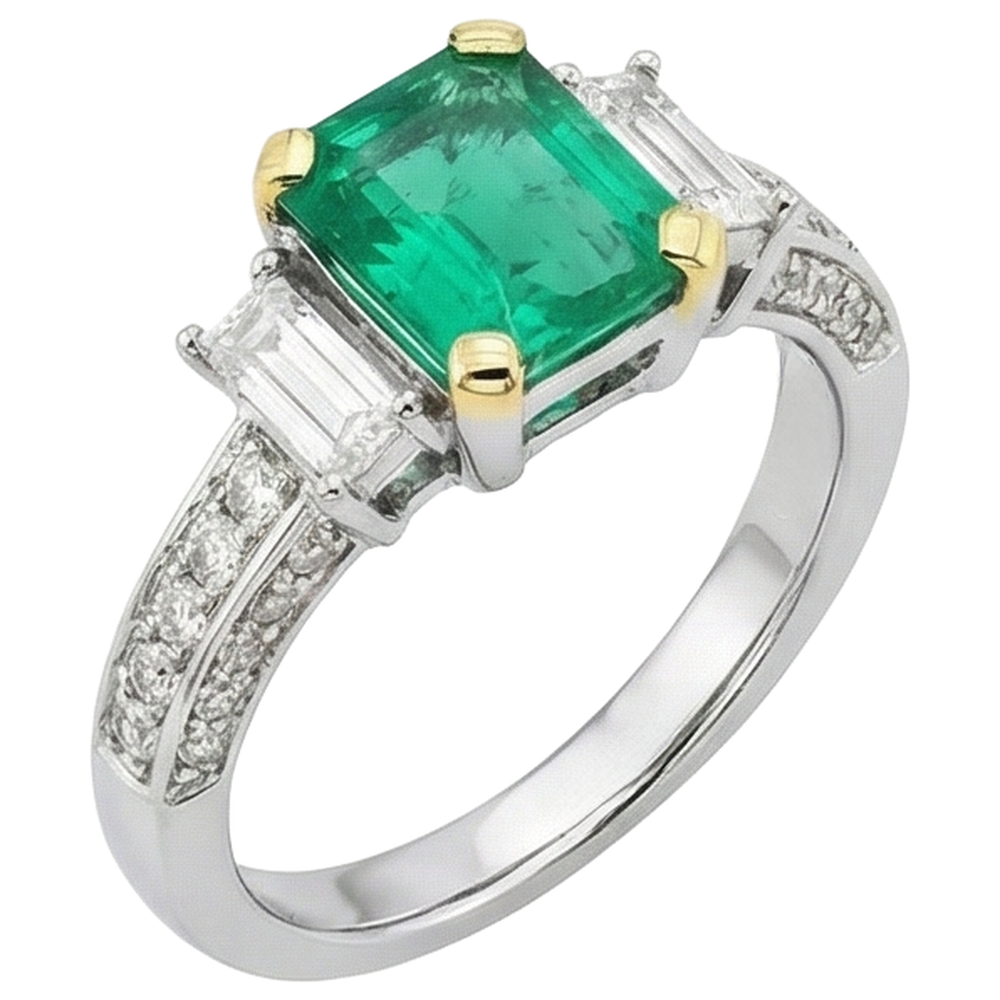 Authentischer Edler Smaragd Edelstein-Ring 2 Karat Zweifarbiges 14K Gold – Seitenansicht