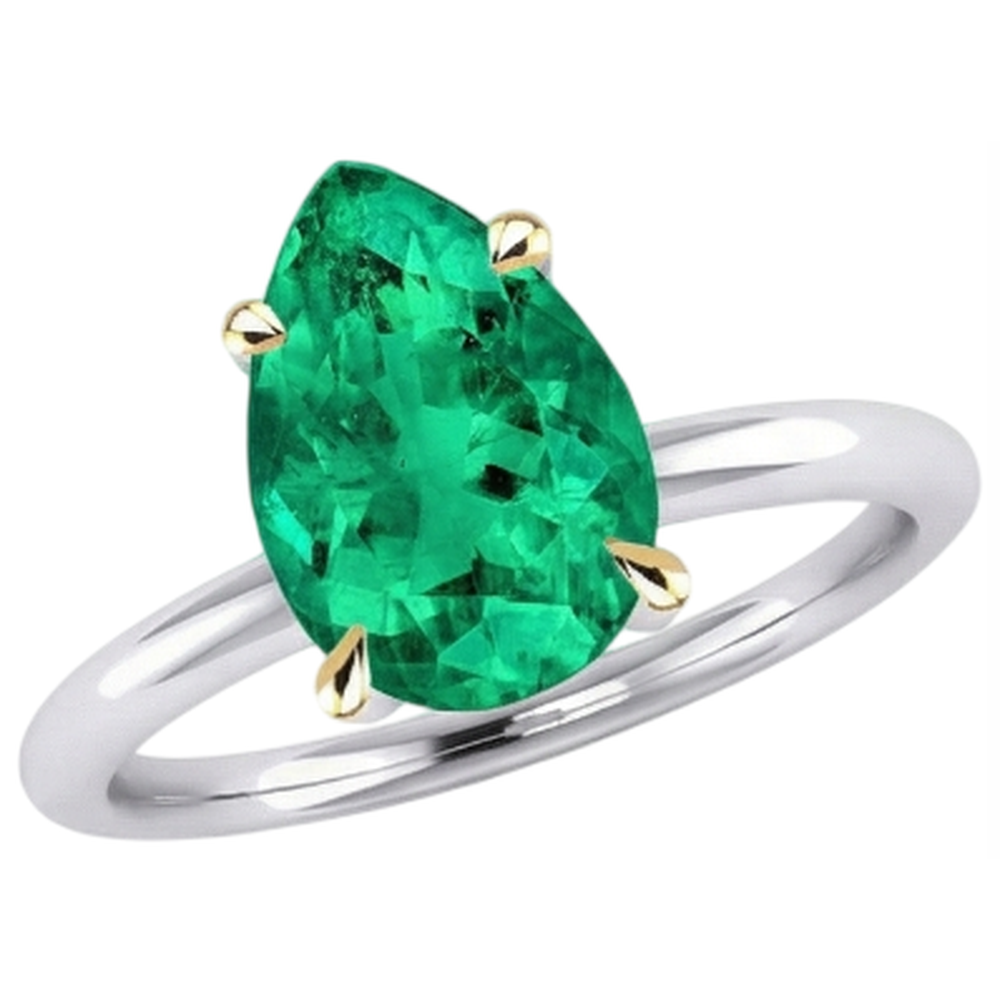 Tropfen-Schliff Kolumbianischer Smaragd Ring in 14 Karat Zweifarbig Gold – Frontansicht