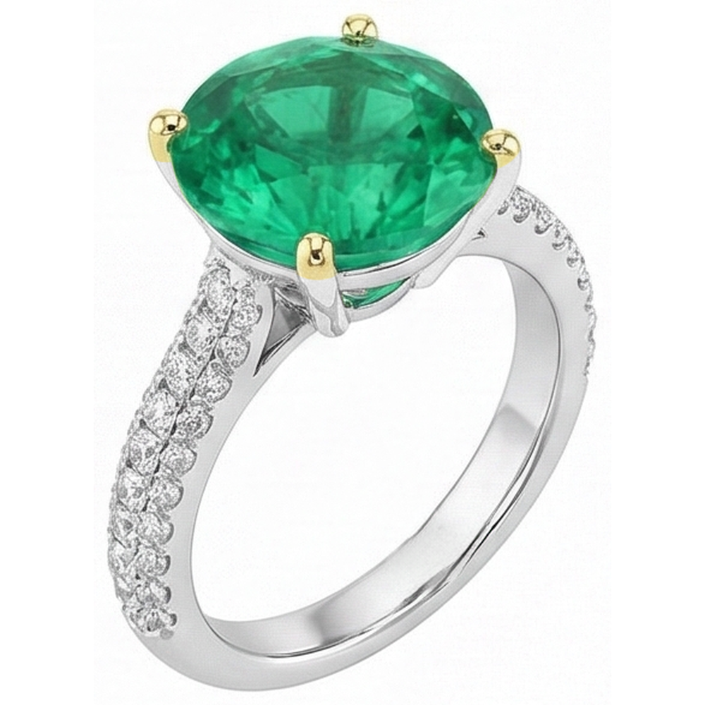 Rund-Brillant Edler Smaragd Ring in Bicolor 14K Gold – Frontansicht