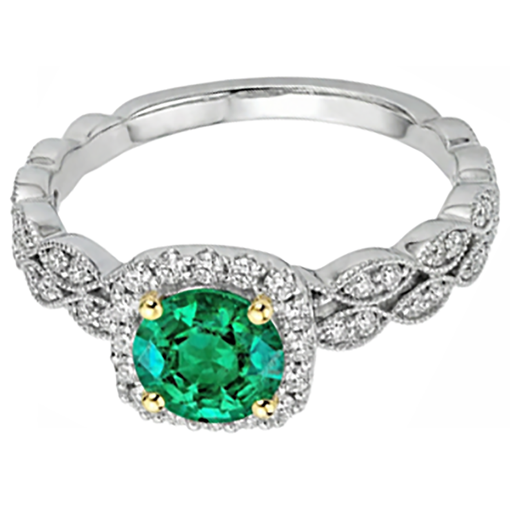 Kolumbianischer Smaragd Rund-Brillant Farbstein-Ring in Zweifarbiges 14K Gold – Seitenansicht
