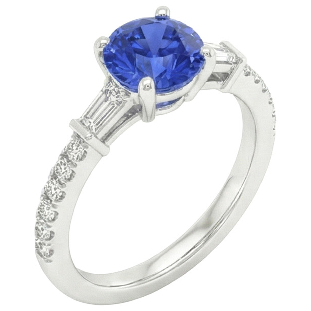 Gold Diamant-Verlobungsring Blauer Saphir mit Baguettes 3 Karat