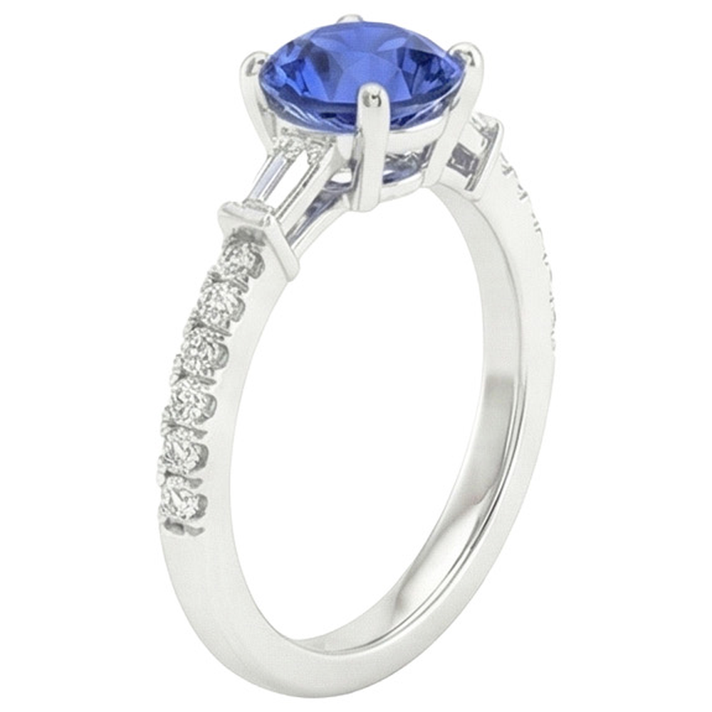 Gold Diamant-Verlobungsring Blauer Saphir mit Baguettes 3 Karat