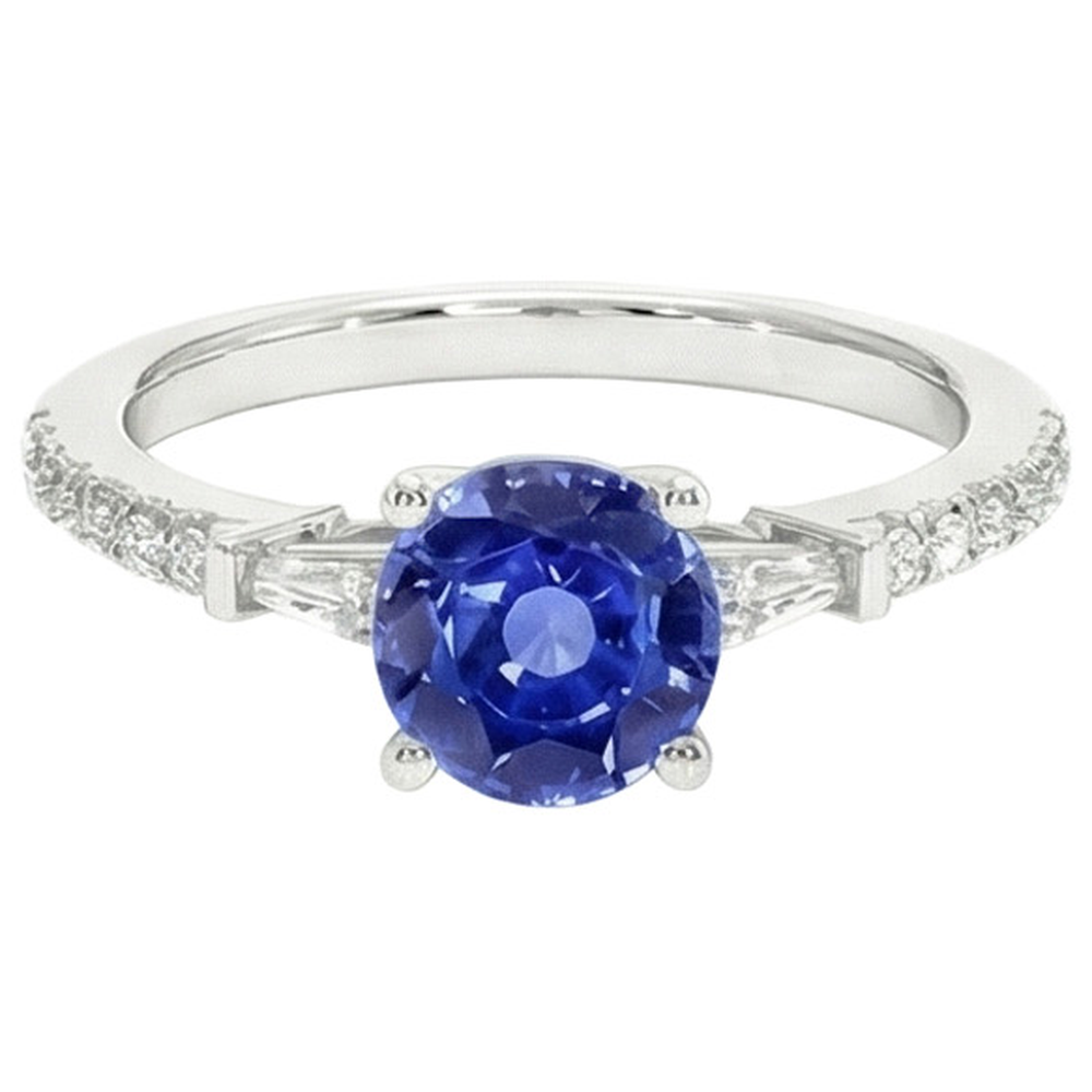 Gold Diamant-Verlobungsring Blauer Saphir mit Baguettes 3 Karat