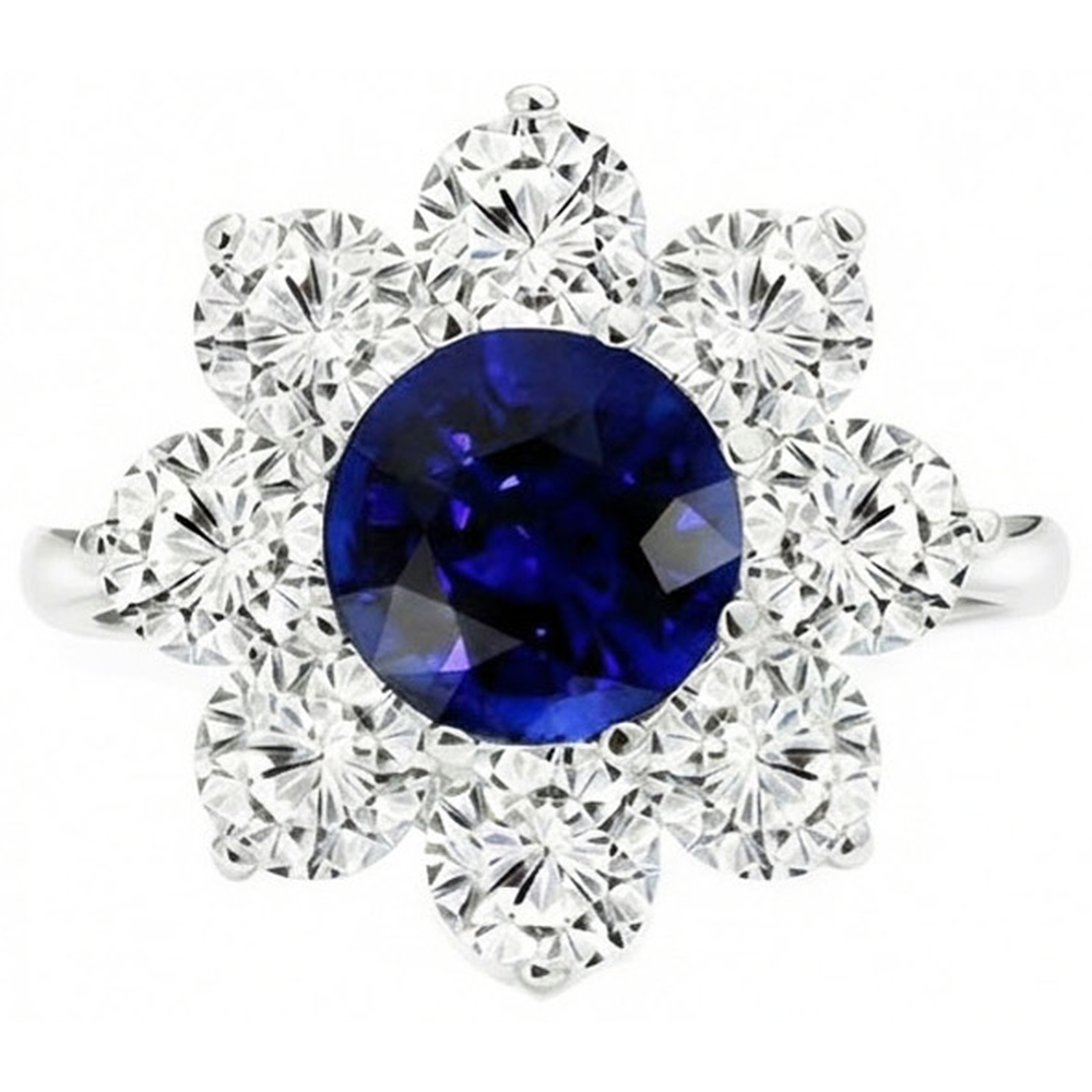 Goldener Halo-Diamantring Blauer runder Saphir-Blumenstil 4,50 Karat