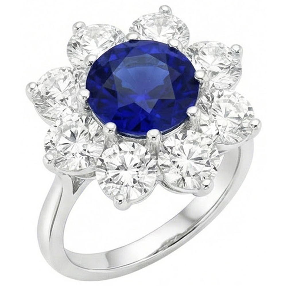 Goldener Halo-Diamantring Blauer runder Saphir-Blumenstil 4,50 Karat