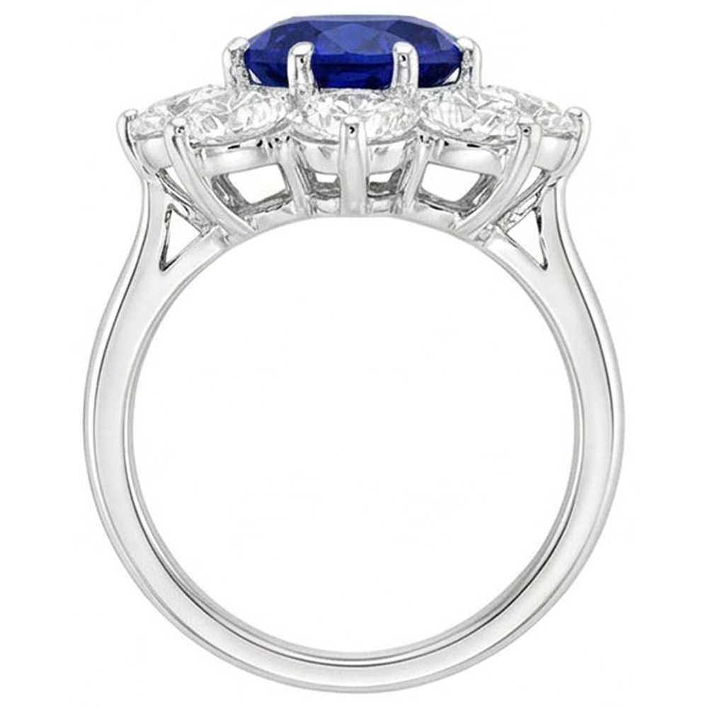 Goldener Halo-Diamantring Blauer runder Saphir-Blumenstil 4,50 Karat