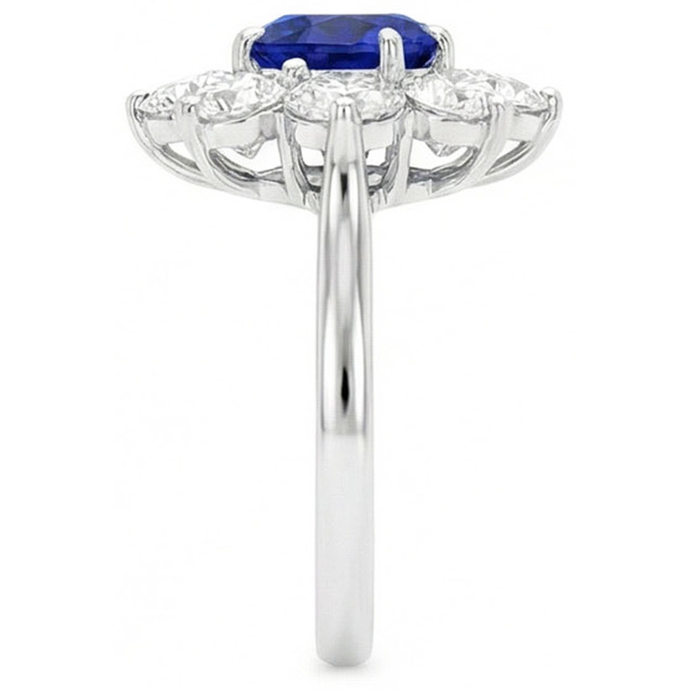 Goldener Halo-Diamantring Blauer runder Saphir-Blumenstil 4,50 Karat