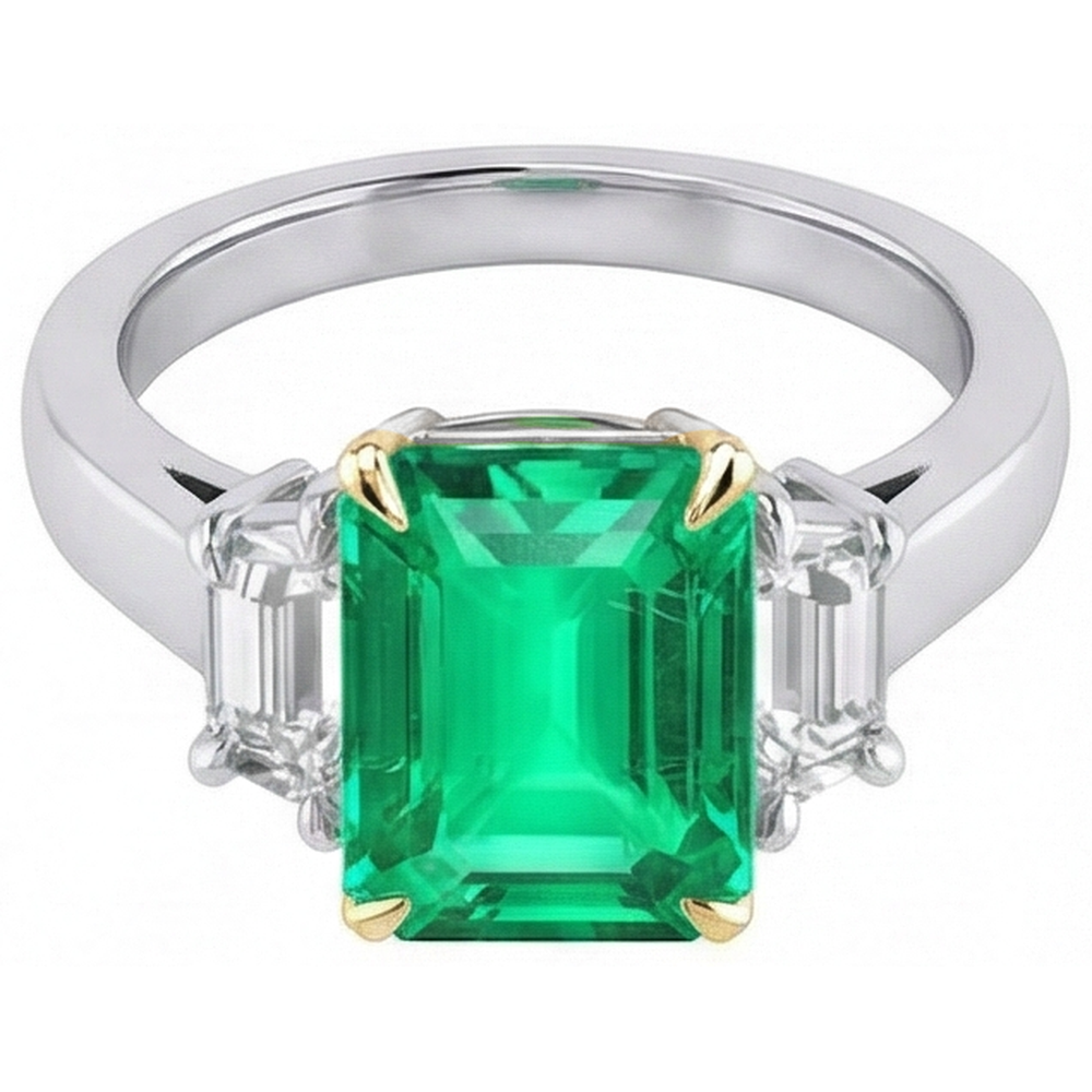 Treppen-Schliff Kolumbianischer Smaragd Ring in Bicolor 14K Gold – Frontansicht
