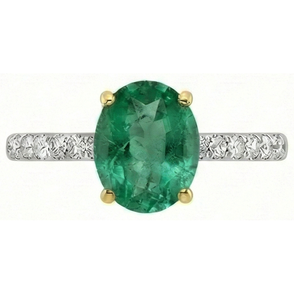Kolumbianischer Smaragd Oval Farbstein-Ring in Zweifarbiges 14K Gold – Schrägansicht