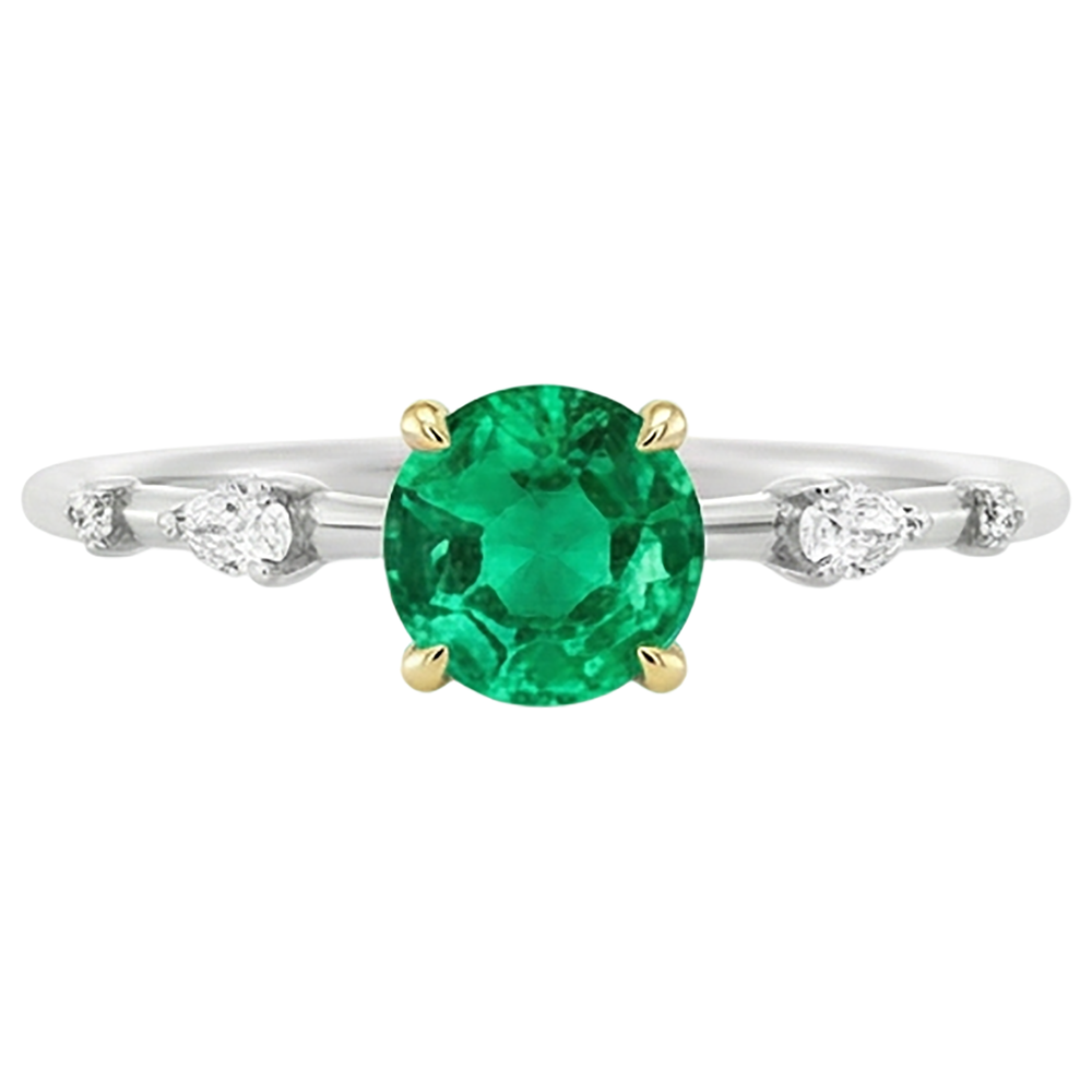 Edler Smaragd Rund-Brillant Schmuckstein-Ring in 14 Karat Zweifarbig Gold – Frontansicht