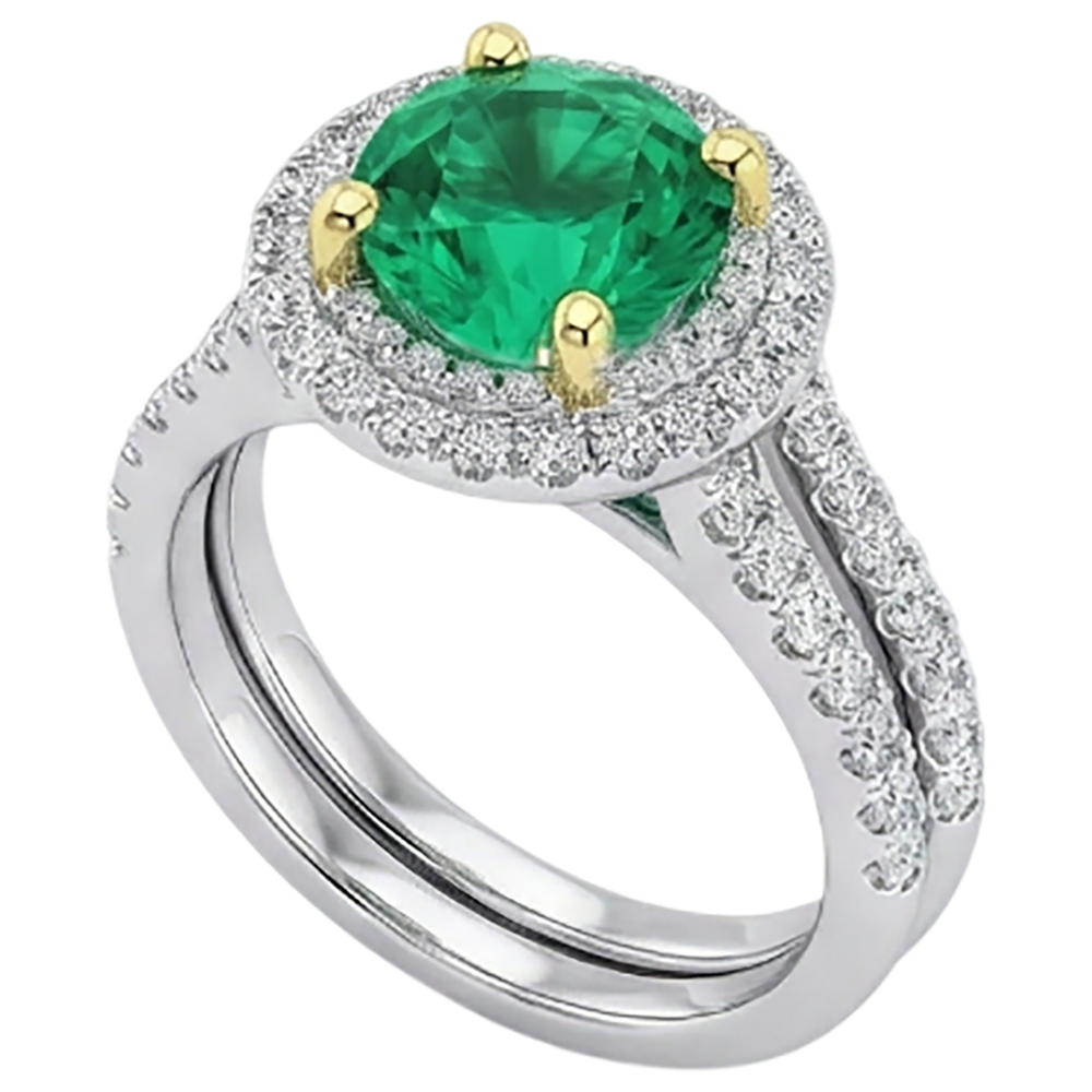 Authentischer Kolumbianischer Smaragd Edelstein-Ring 2,50 Karat 14 Karat Zweifarbig Gold – Schrägansicht