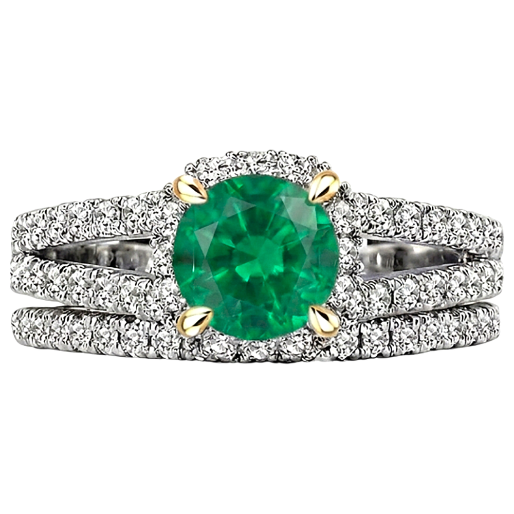 Kolumbianischer Smaragd Rund-Brillant Farbstein-Ring in 14 Karat Zweifarbig Gold – Frontansicht