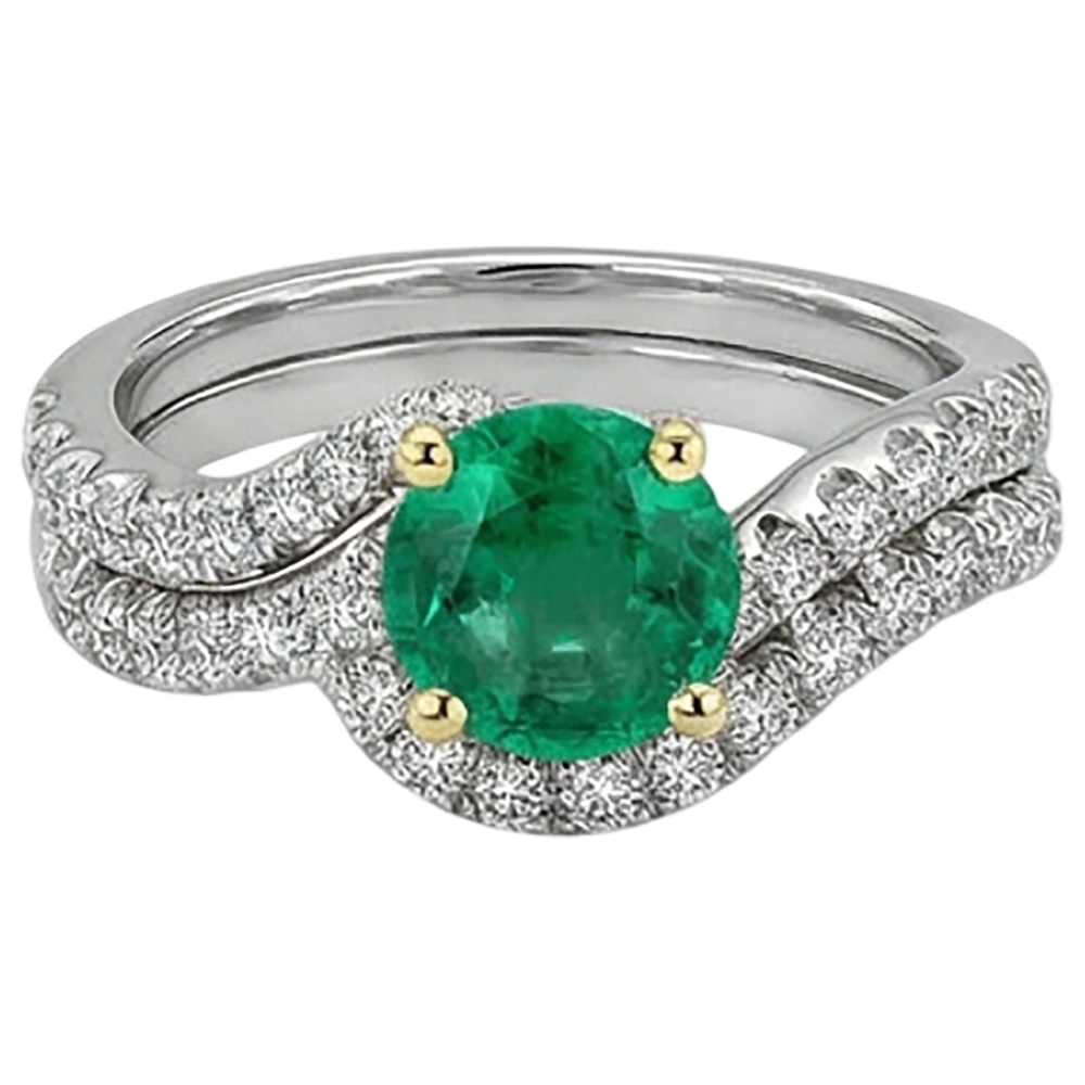 Kolumbianischer Smaragd Rund-Brillant Farbstein-Ring in 14 Karat Zweifarbig Gold – Frontansicht