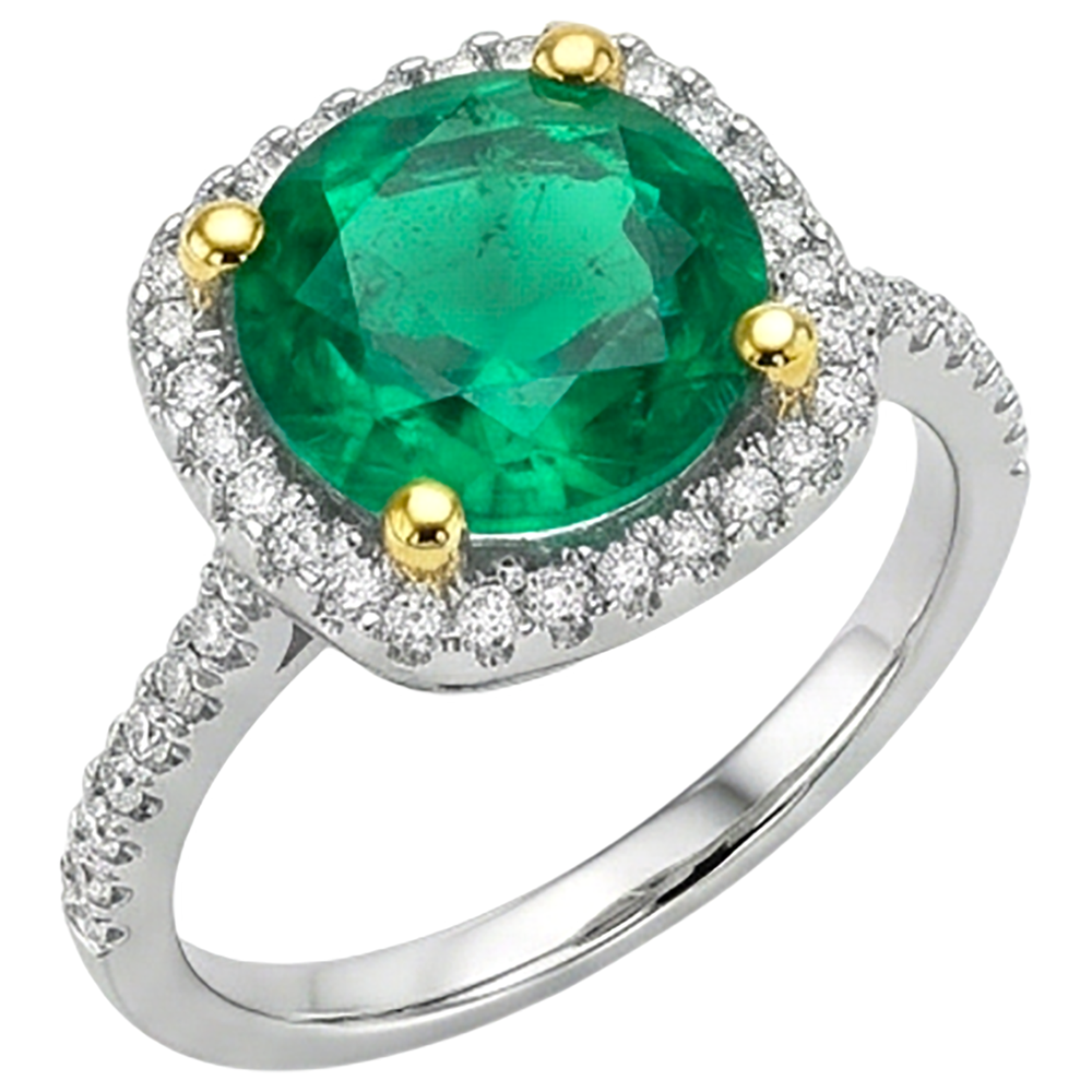 Rund-Brillant Kolumbianischer Smaragd Ring in 14 Karat Zweifarbig Gold – Schrägansicht