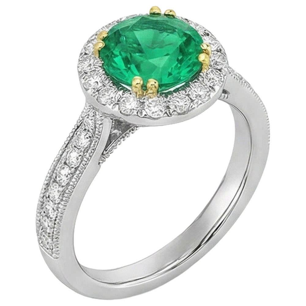 Kolumbianischer Smaragd Rund-Brillant Edelstein-Ring in Bicolor 14K Gold – Profilansicht