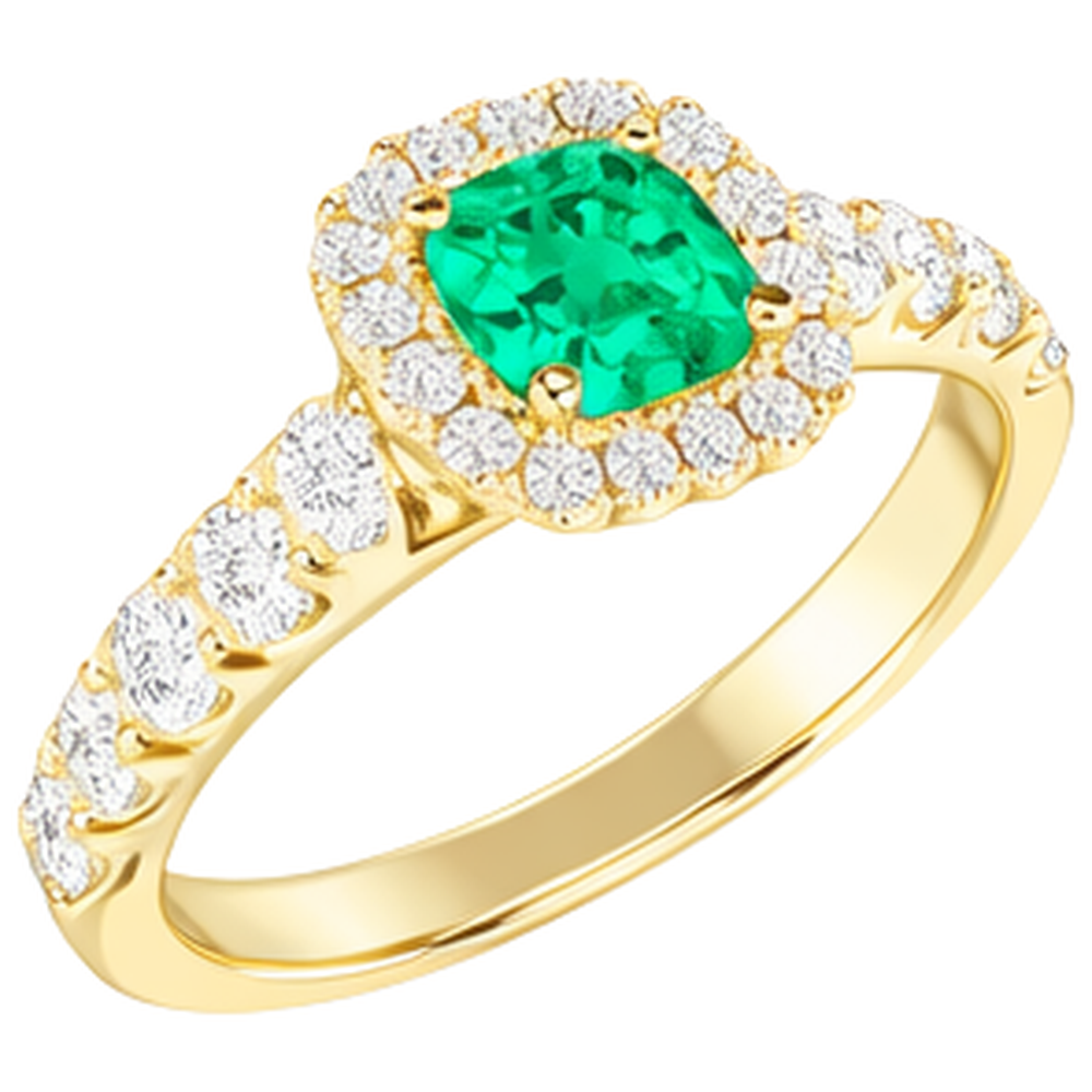 Kissen-Schliff Smaragd Ring in 14K Gelbgold – Schrägansicht