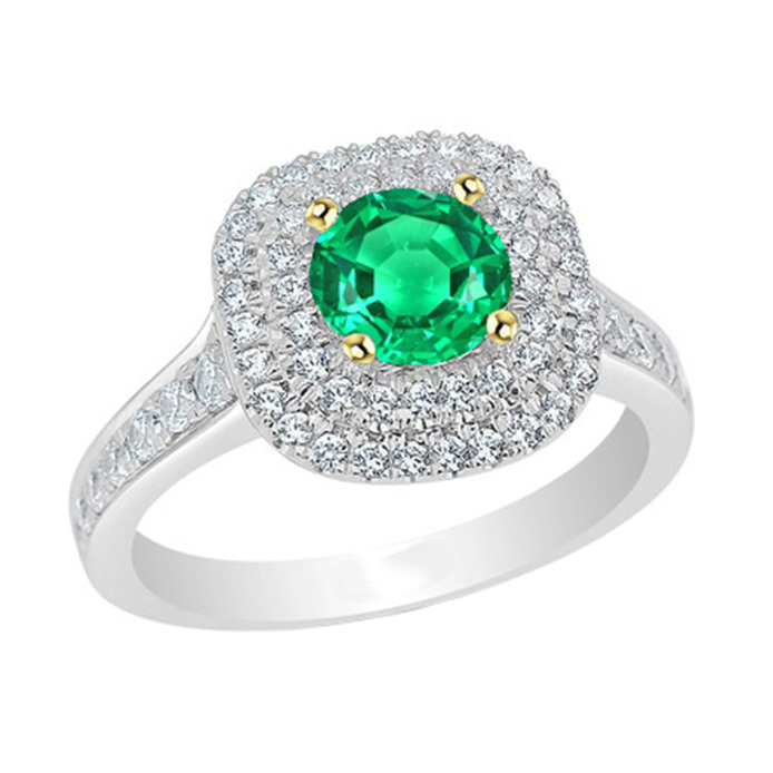 Smaragd Rund-Brillant Farbstein-Ring in Bicolor 14K Gold – Hauptansicht