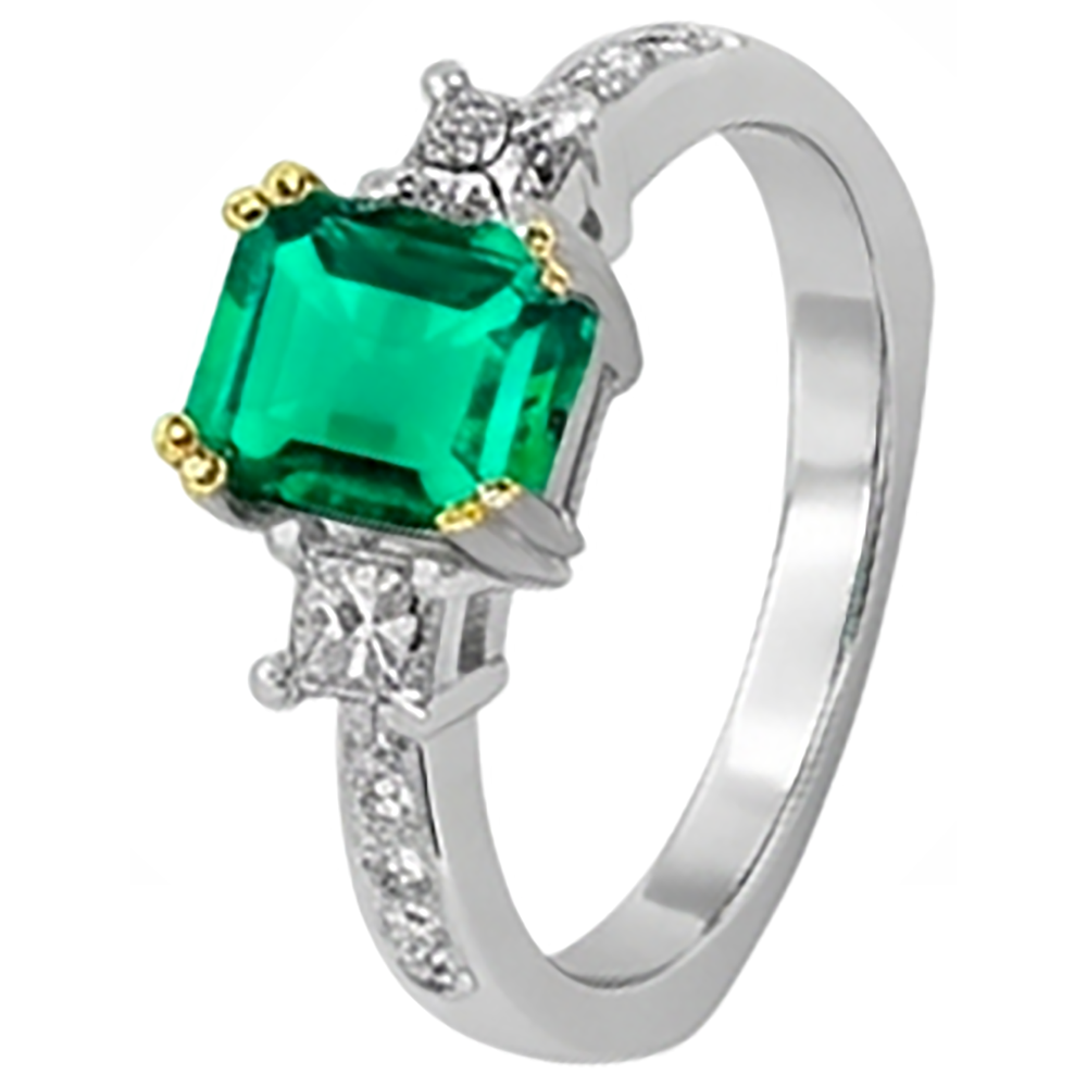 Smaragd-Schliff Kolumbianischer Smaragd Ring in Bicolor 14K Gold – Schrägansicht