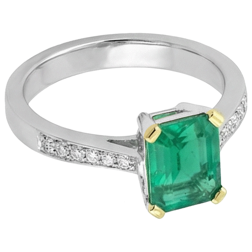 Kolumbianischer Smaragd Edelstein-Ring 2-Karat Bicolor 14K Gold – Schrägansicht