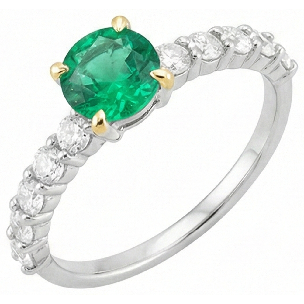 Smaragd Rund-Brillant Farbstein-Ring in Zweifarbiges 14K Gold – Frontansicht